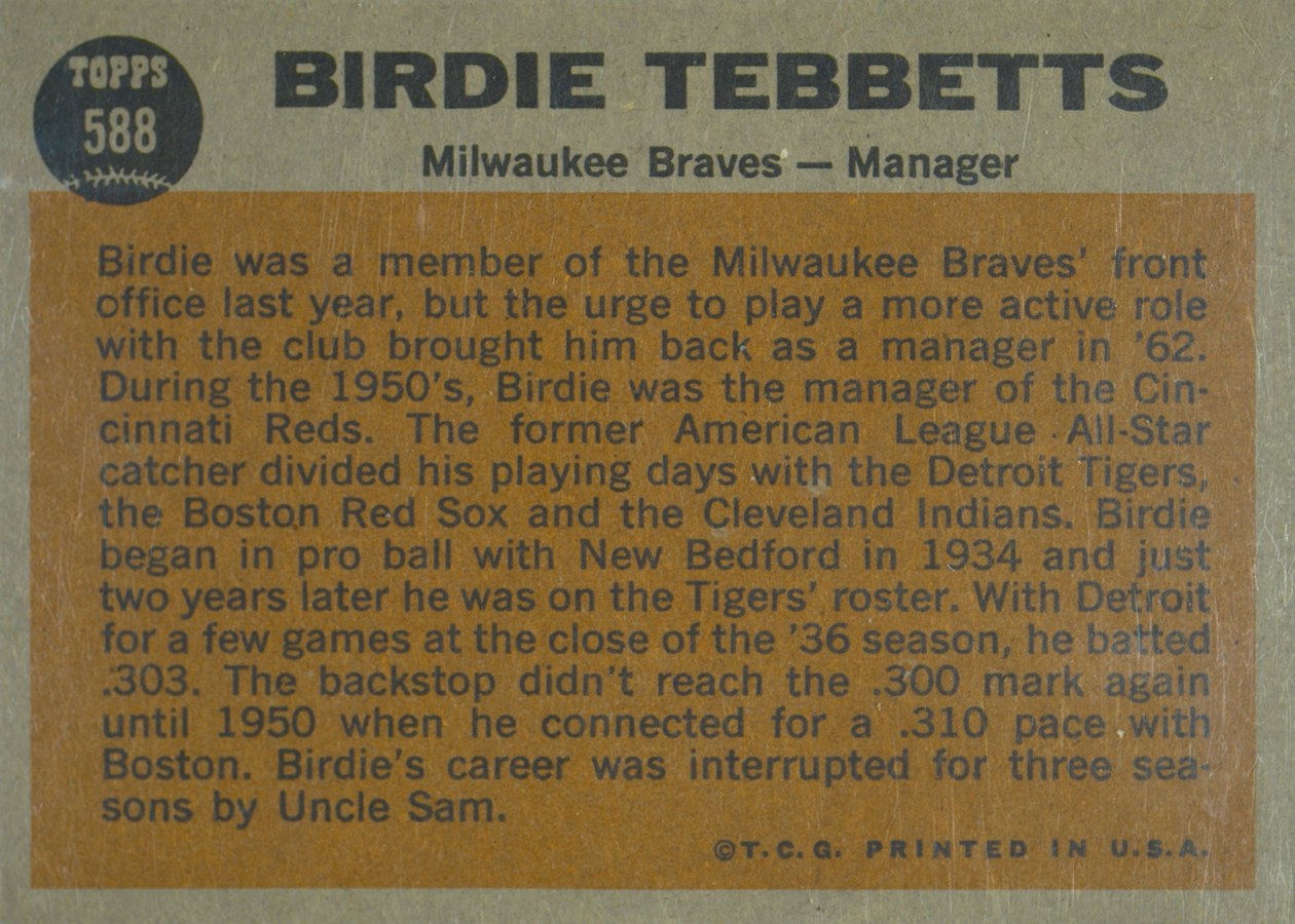 1962 Topps #588 Birdie Tebbetts card back