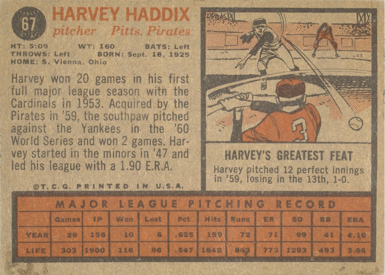 1962 Topps #67 Harvey Haddix card back