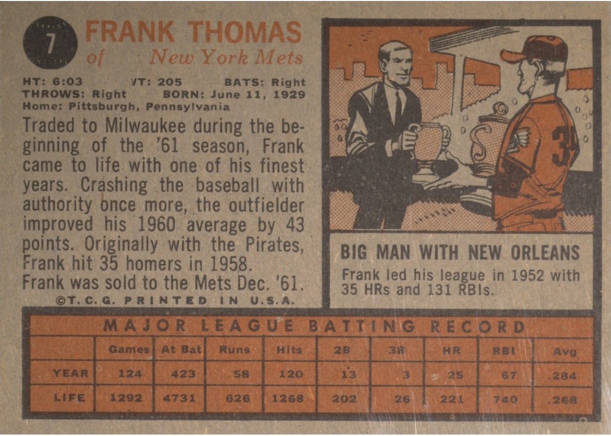 1962 Topps #7 Frank Thomas card back
