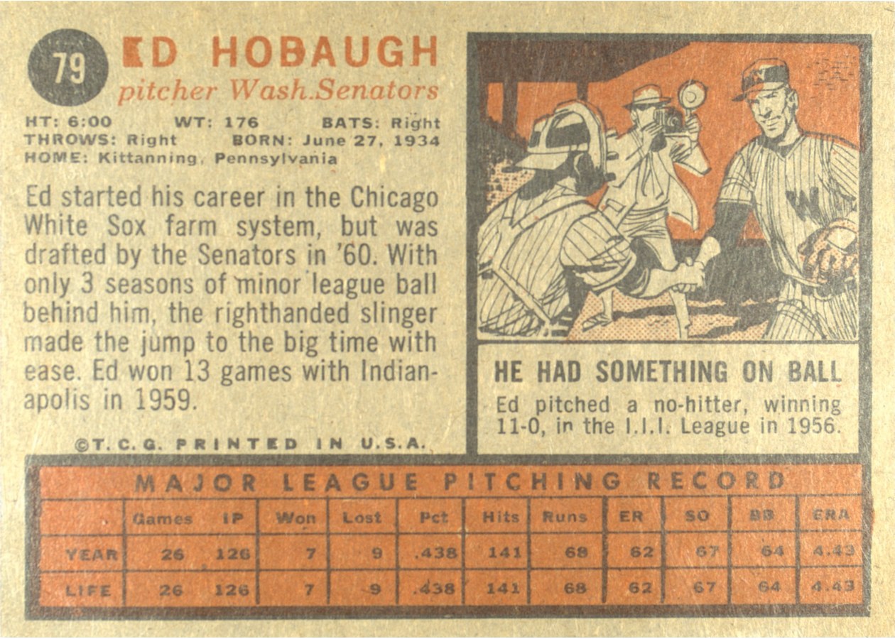1962 Topps #79 Ed Hobaugh card back