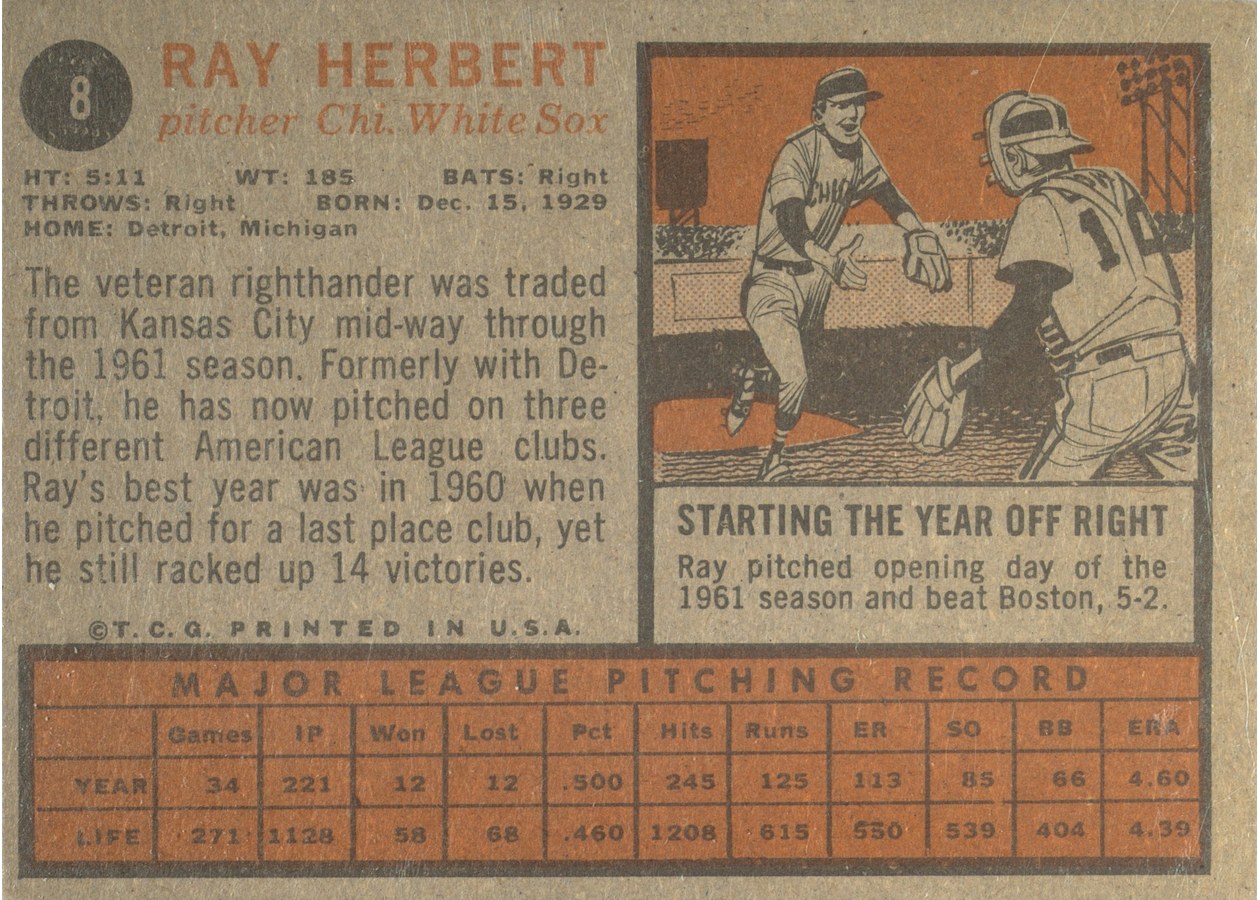 1962 Topps #8 Ray Herbert card back
