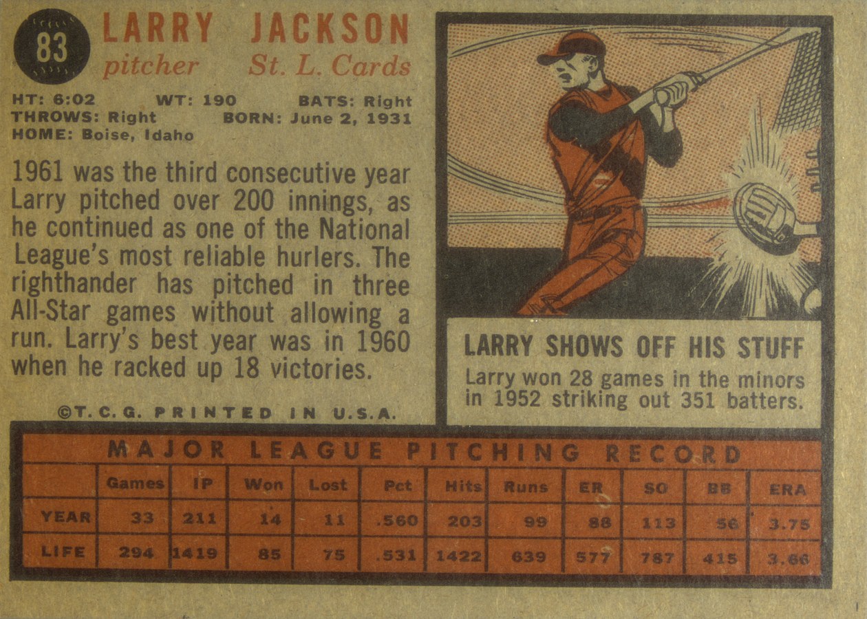 1962 Topps #83 Larry Jackson card back