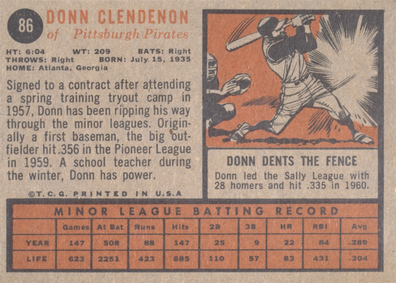 1962 Topps #86 Donn Clendenon card back