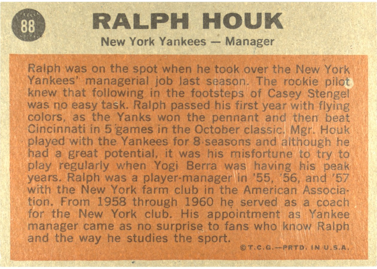 1962 Topps #88 Ralph Houk card back
