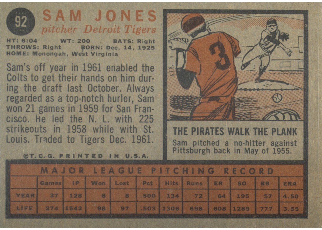 1962 Topps #92 Sam Jones card back