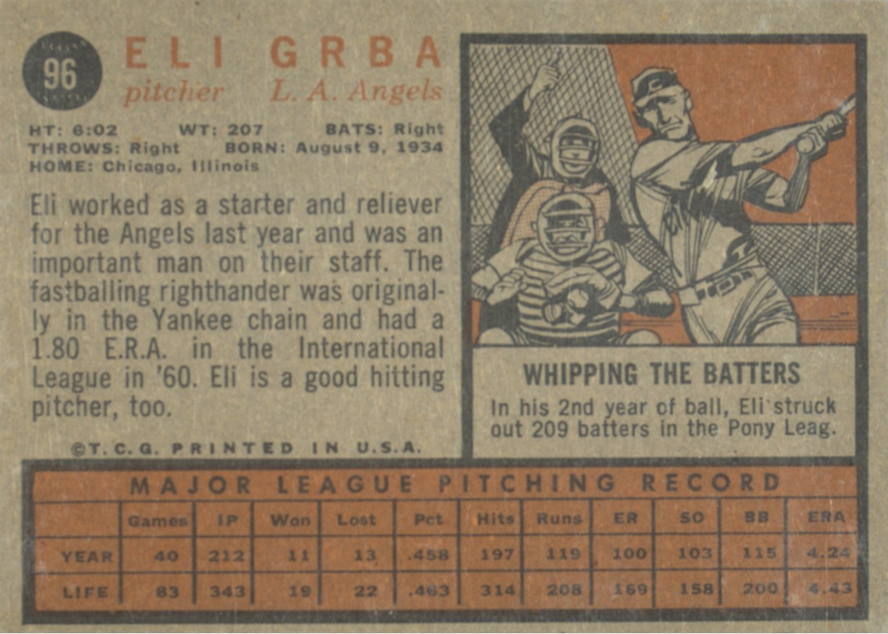 1962 Topps #96 Eli Grba card back