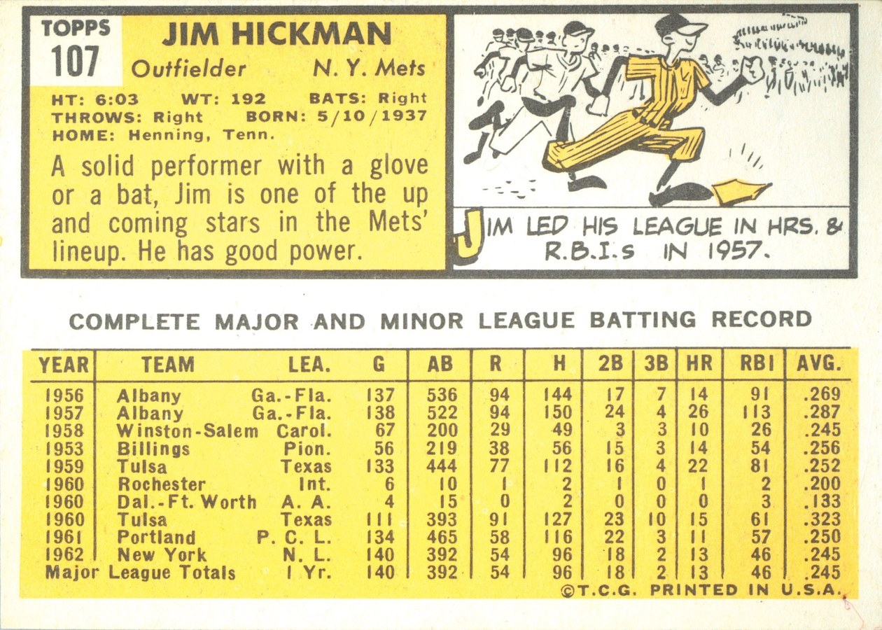 1963 Topps #107 Jim Hickman card back