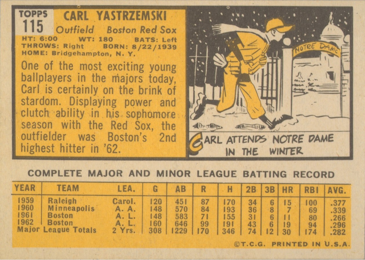 1963 Topps #115 Carl Yastrzemski card back