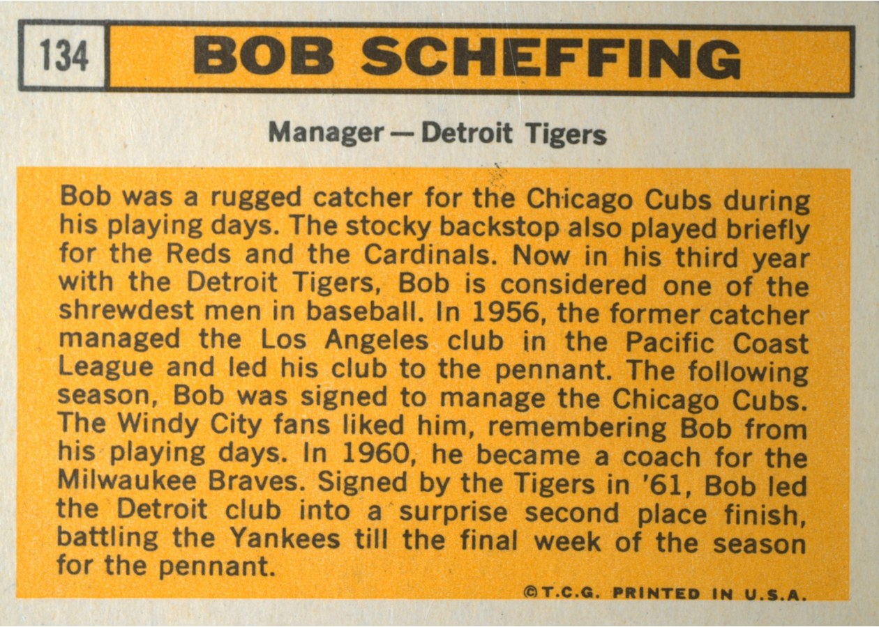 1963 Topps #134 Bob Scheffing card back