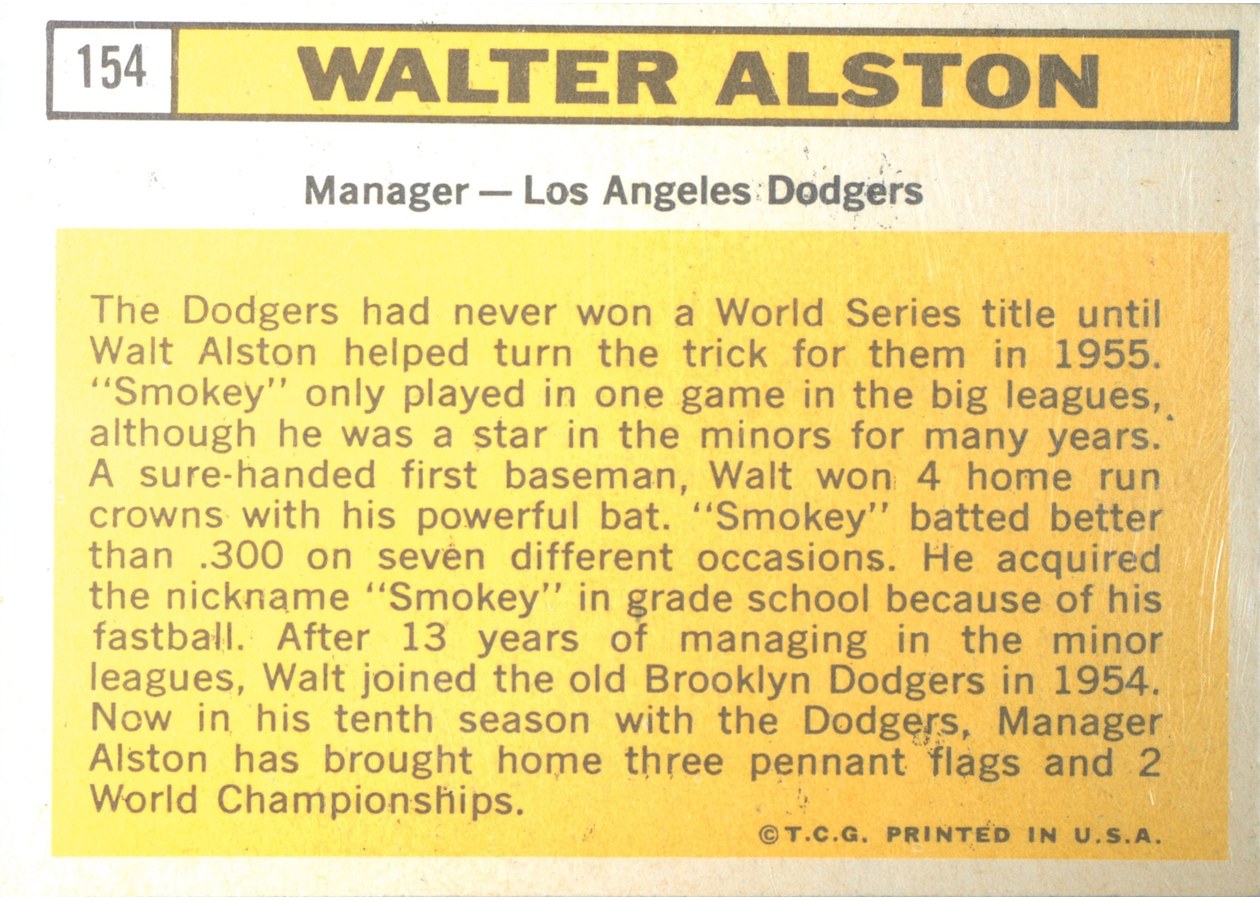 1963 Topps #154 Walt Alston card back