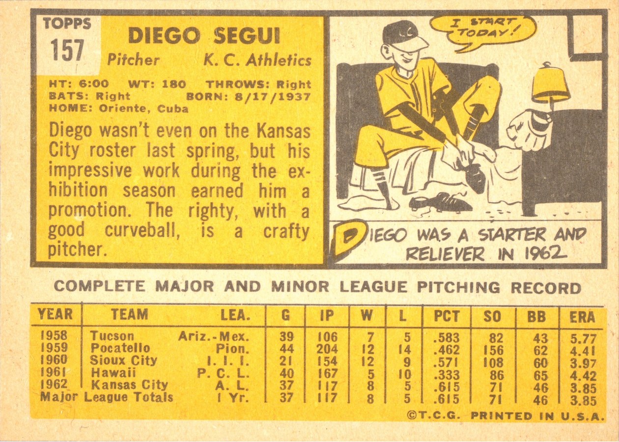 1963 Topps #157 Diego Segui card back