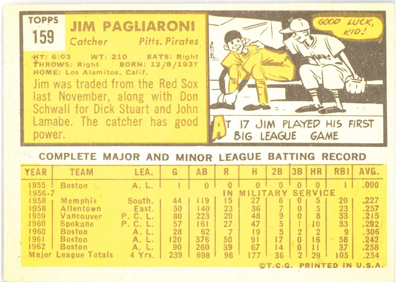 1963 Topps #159 Jim Pagliaroni card back