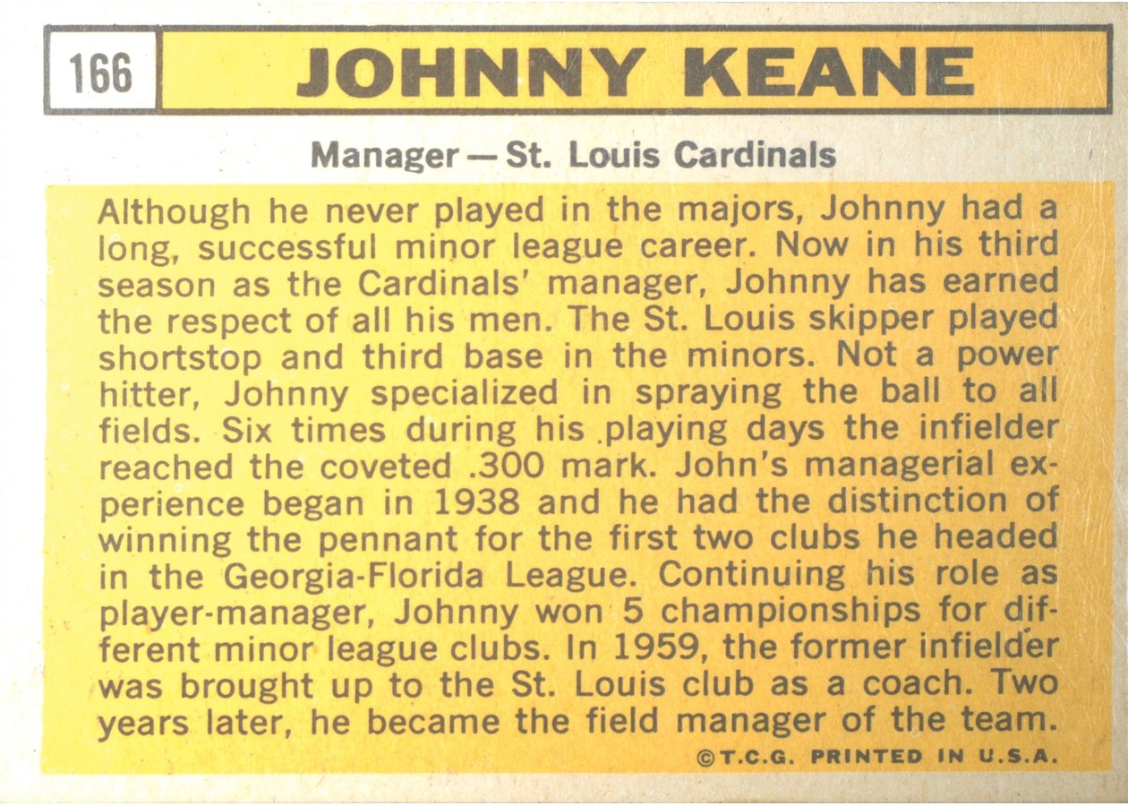 1963 Topps #166 Johnny Keane card back