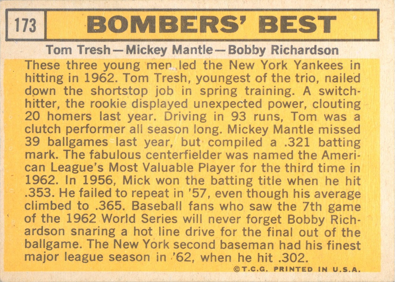 1963 Topps #173 Bomber's Best card back