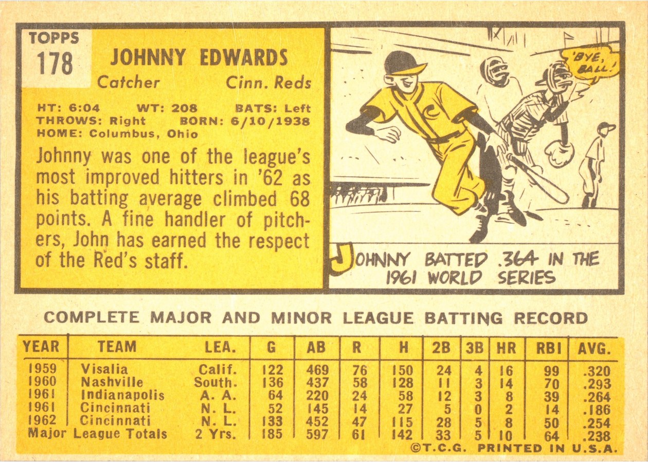 1963 Topps #178 Johnny Edwards card back