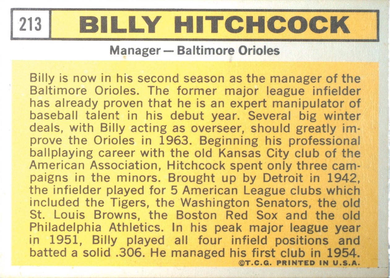 1963 Topps #213 Billy Hitchcock card back