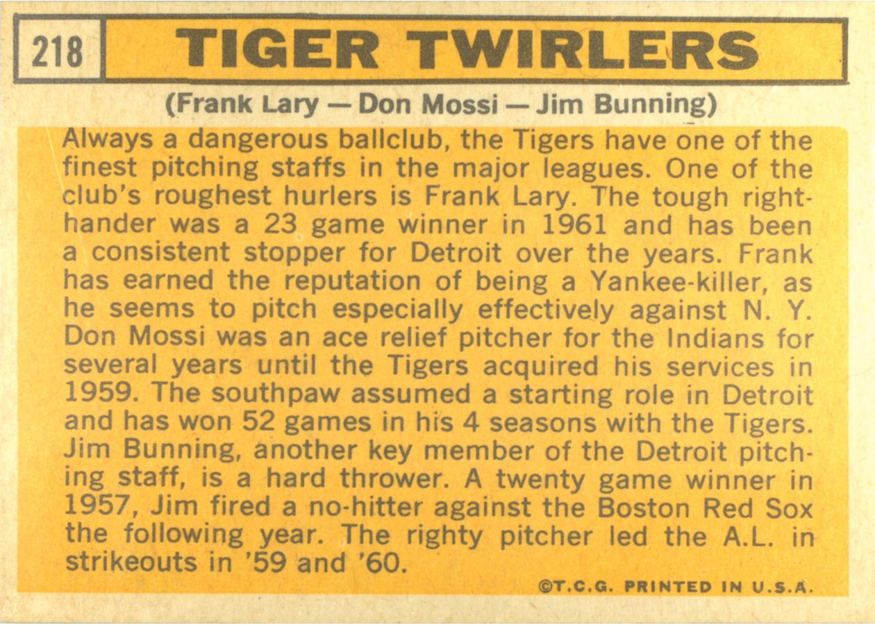 1963 Topps #218 Tiger Twirlers card back