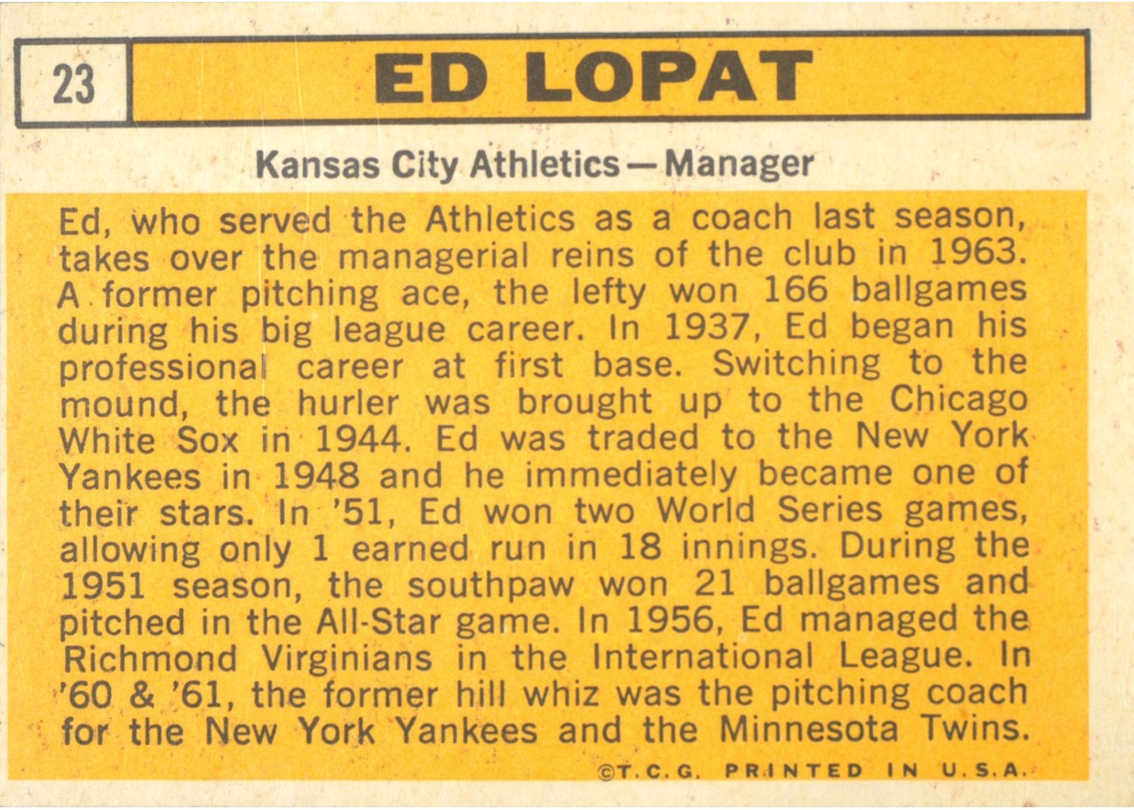 1963 Topps #23 Ed Lopat card back