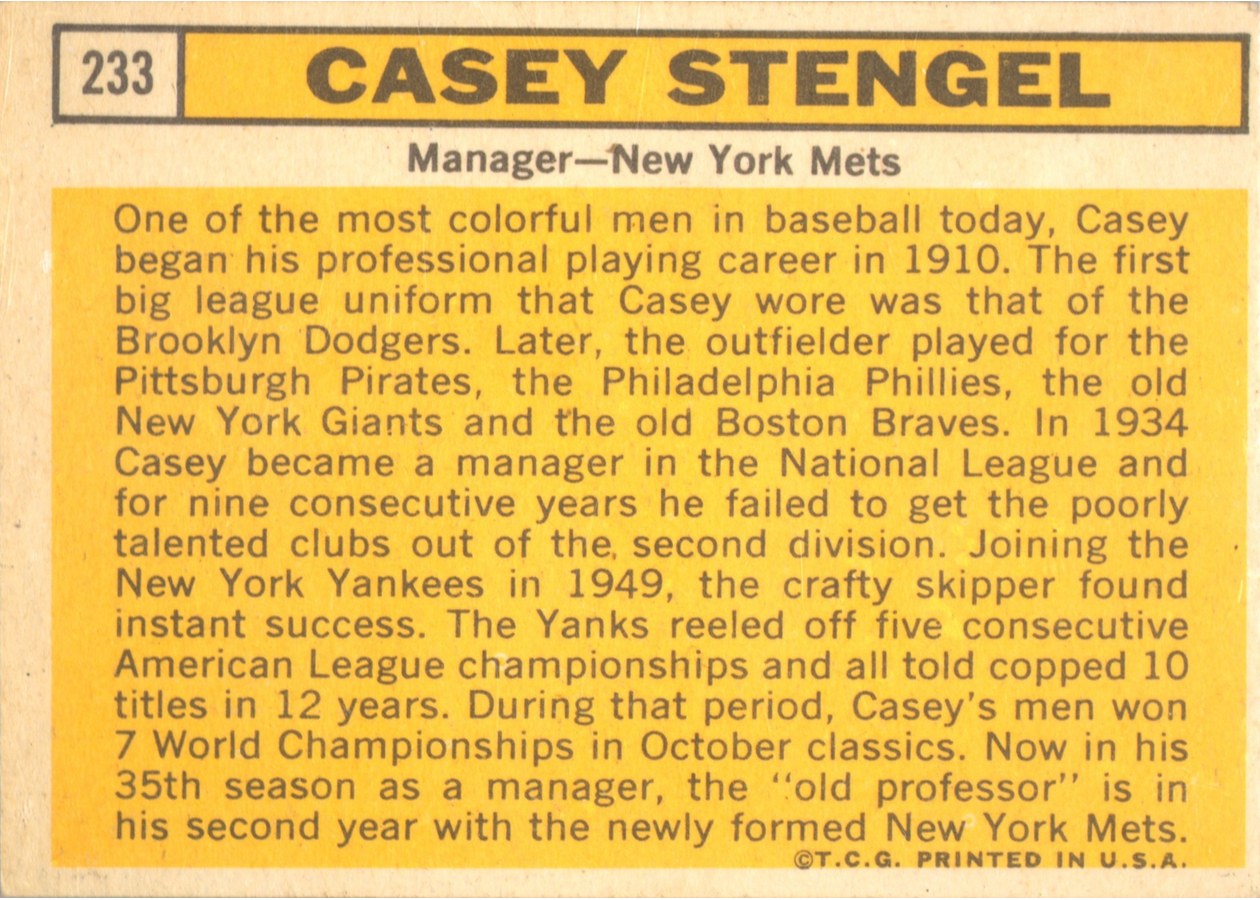 1963 Topps #233 Casey Stengel card back