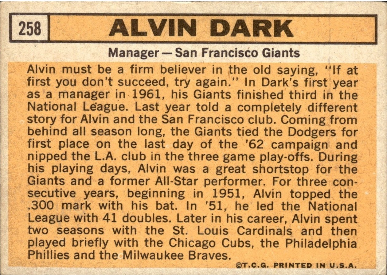 1963 Topps #258 Alvin Dark card back