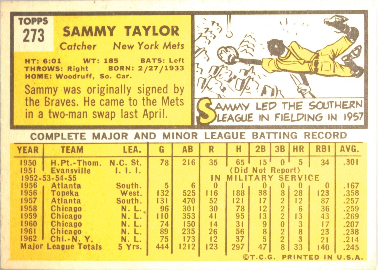 1963 Topps #273 Sammy Taylor card back