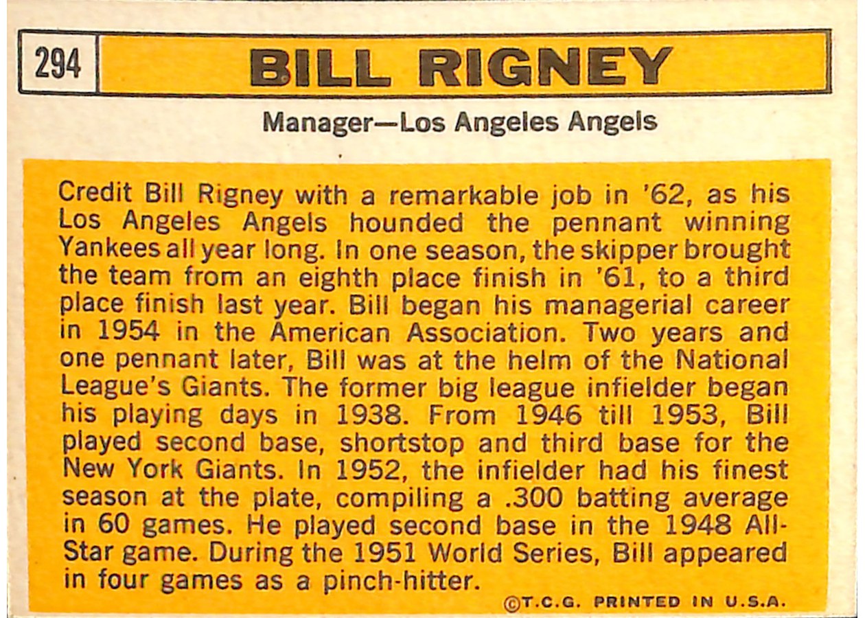 1963 Topps #294 Bill Rigney card back