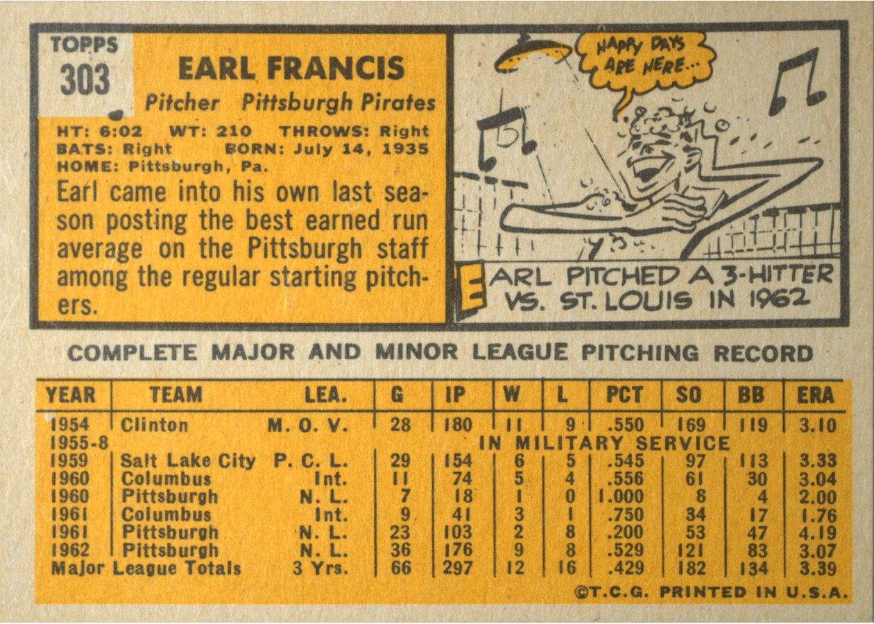 1963 Topps #303 Earl Francis card back