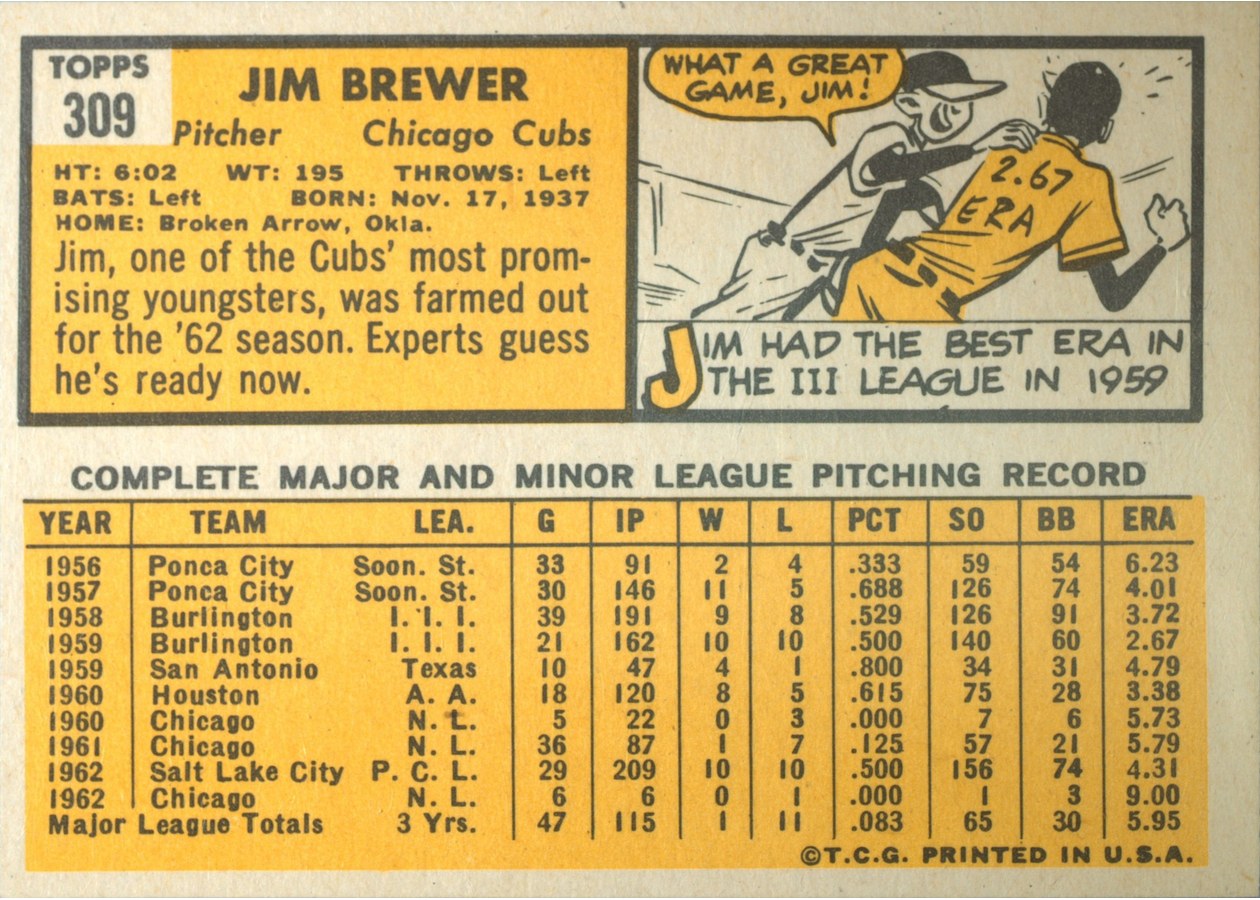 1963 Topps #309 Jim Brewer card back