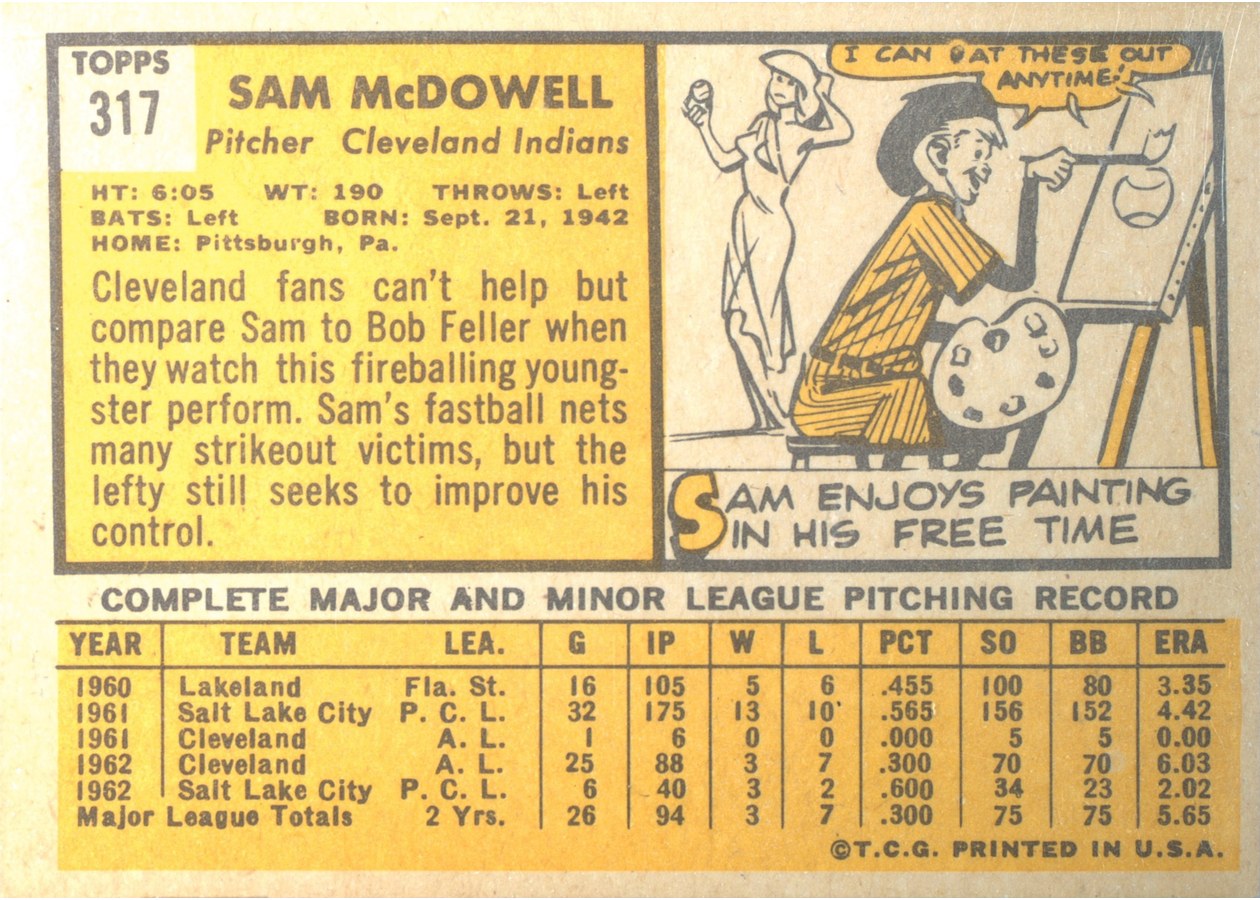 1963 Topps #317 Sam McDowell card back