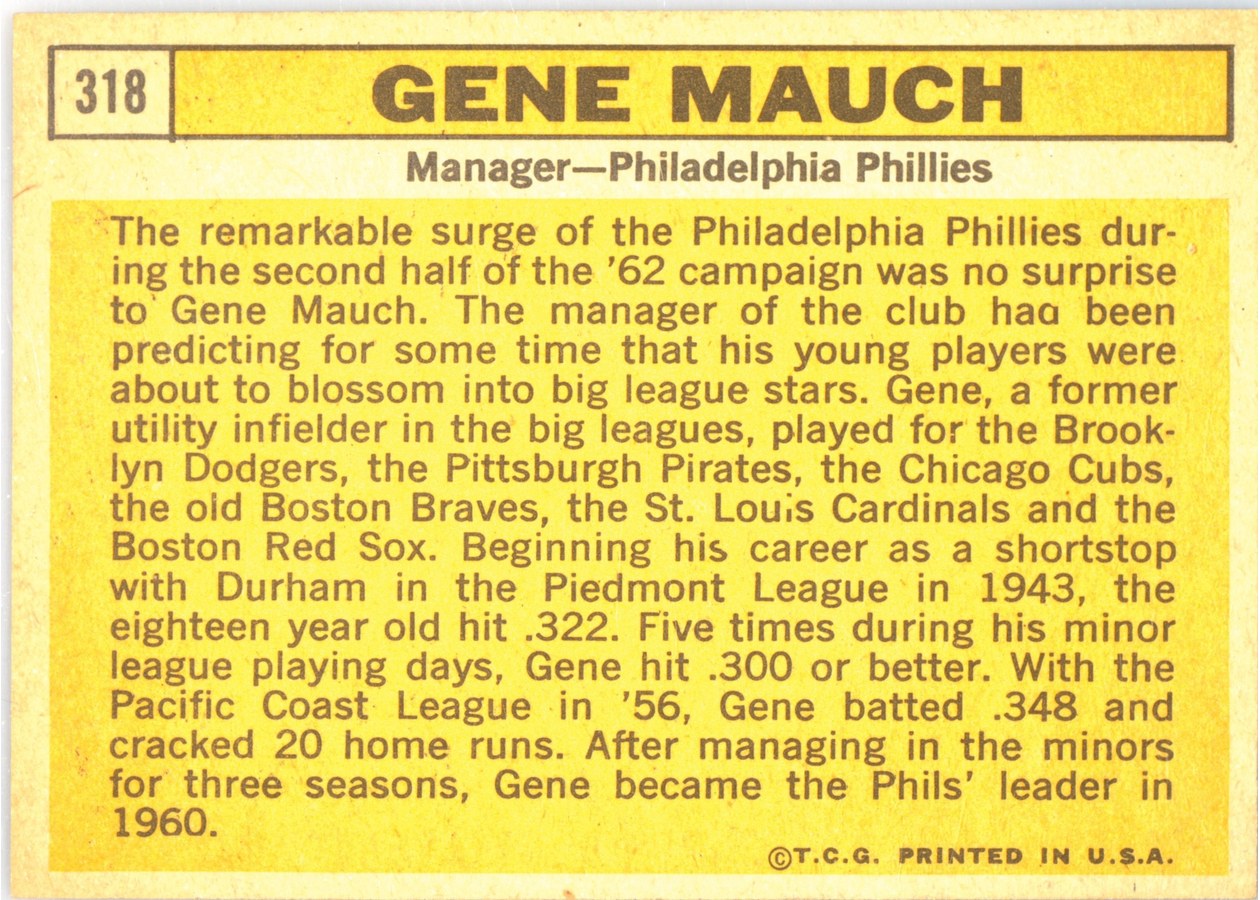 1963 Topps #318 Gene Mauch card back