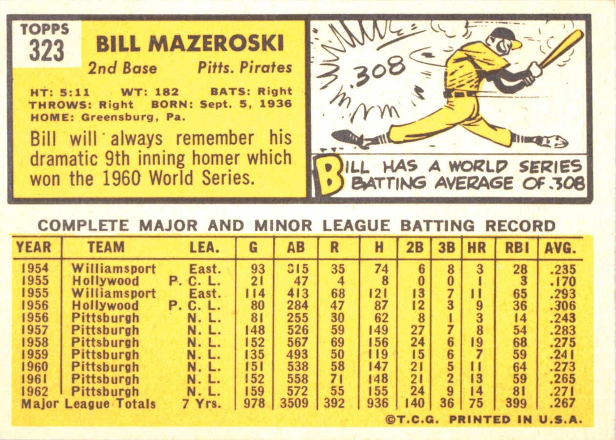 1963 Topps #323 Bill Mazeroski card back