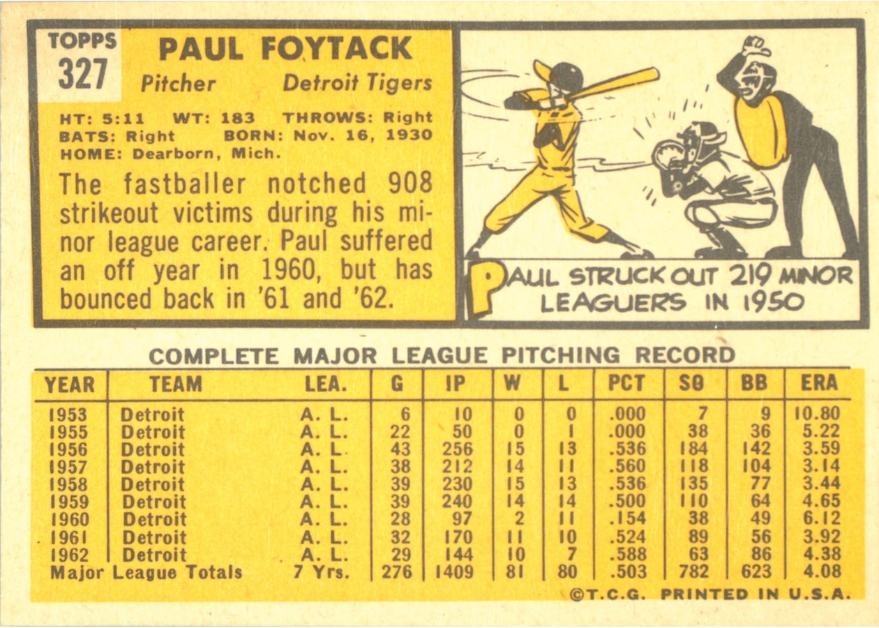 1963 Topps #327 Paul Foytack card back