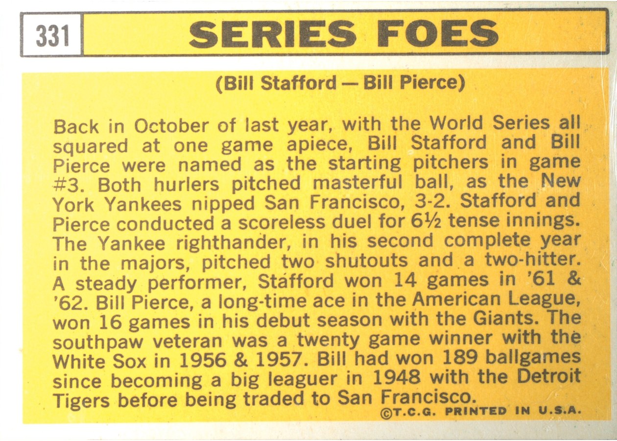 1963 Topps #331 Series Foes card back