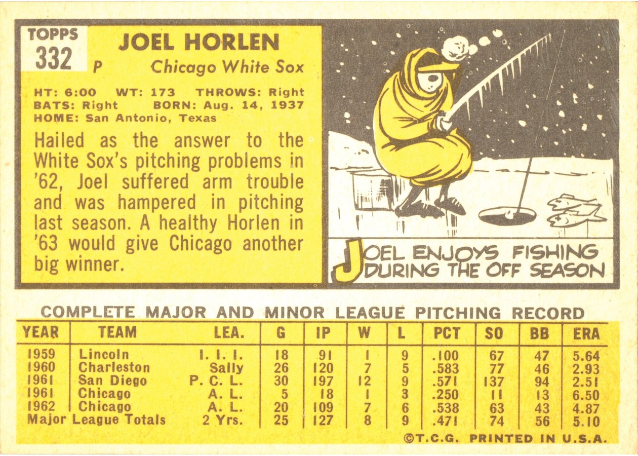 1963 Topps #332 Joel Horlen card back