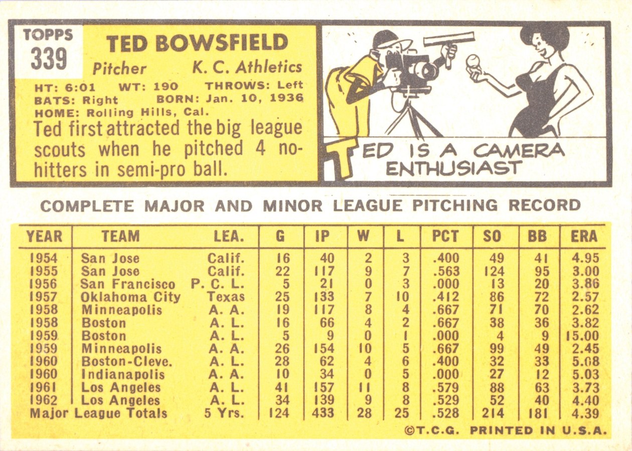 1963 Topps #339 Ted Bowsfield card back