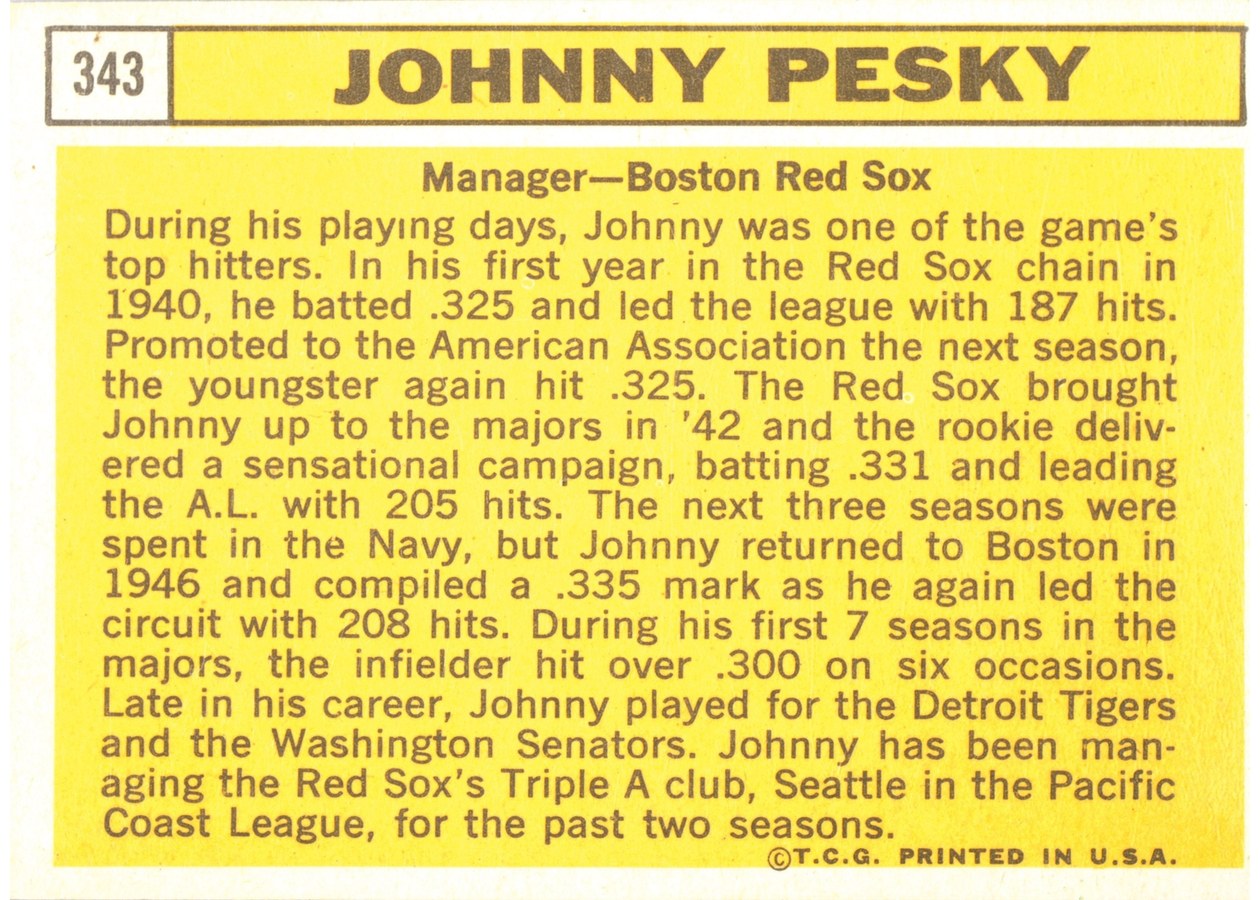 1963 Topps #343 Johnny Pesky card back