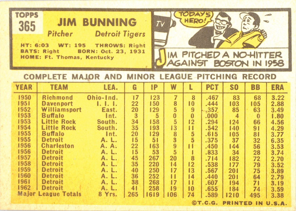 1963 Topps #365 Jim Bunning card back