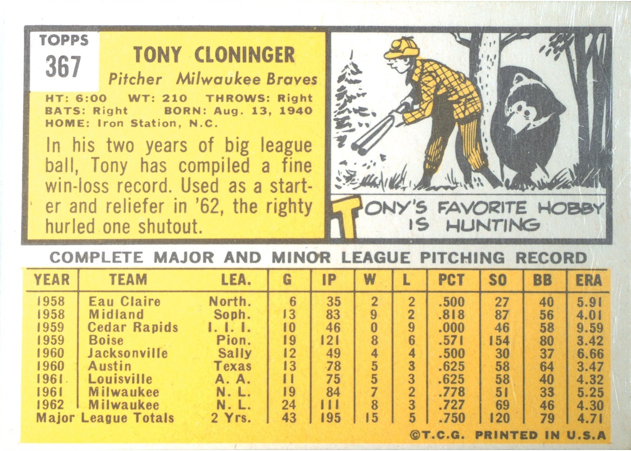 1963 Topps #367 Tony Cloninger card back