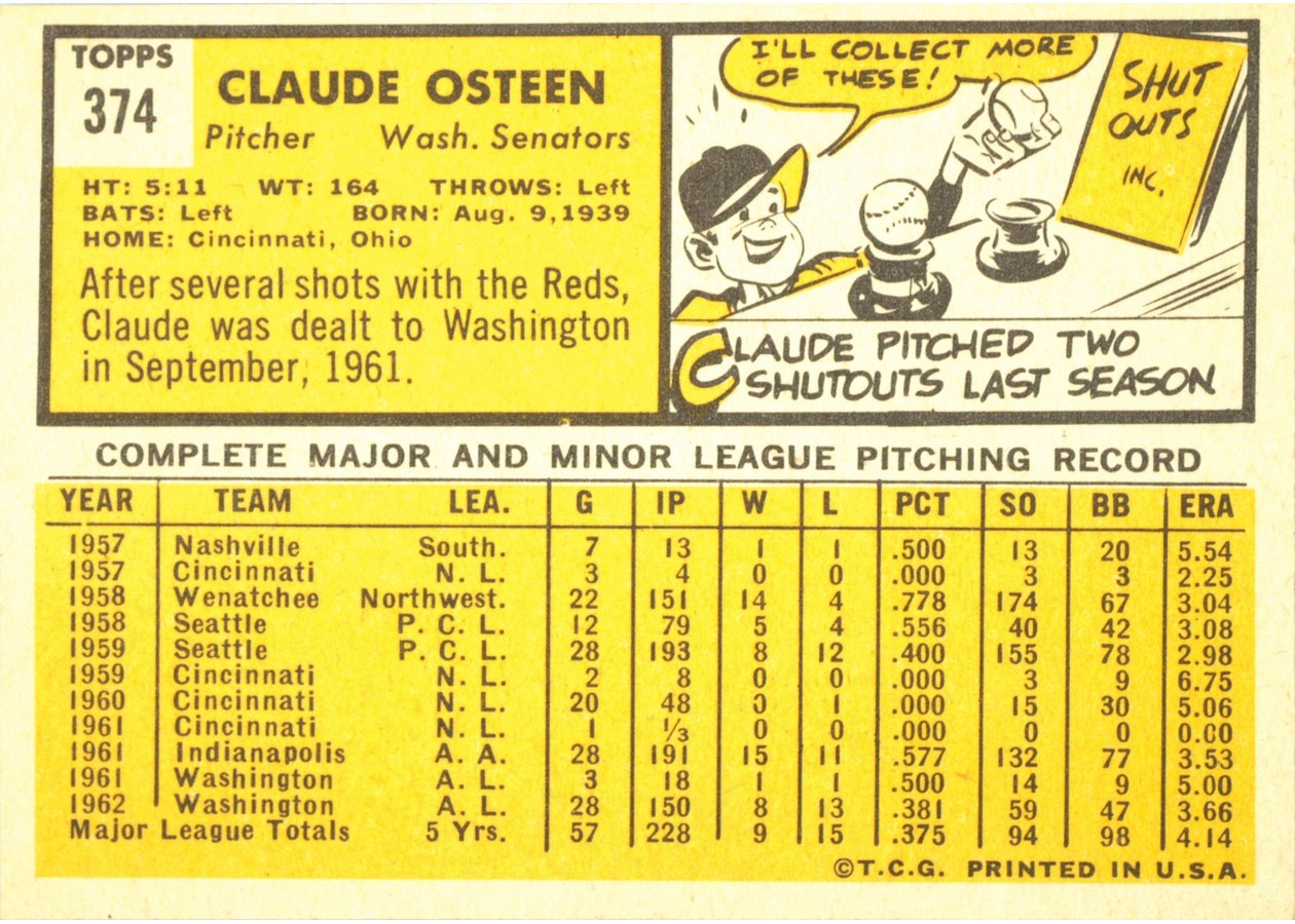 1963 Topps #374 Claude Osteen card back