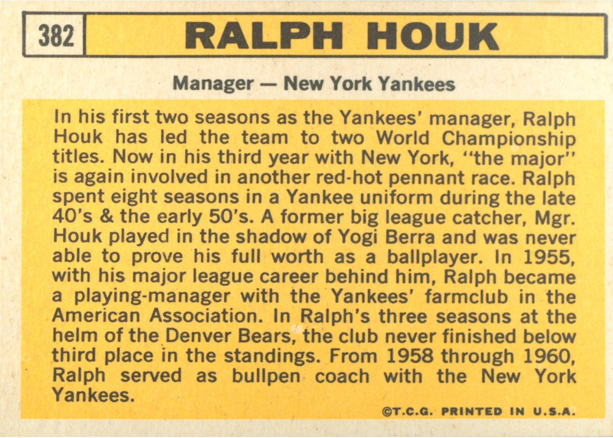1963 Topps #382 Ralph Houk card back