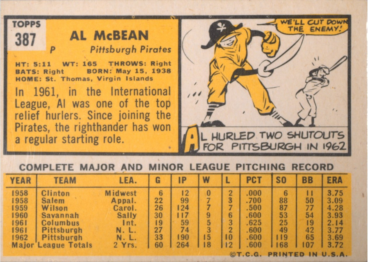 1963 Topps #387 Al McBean card back