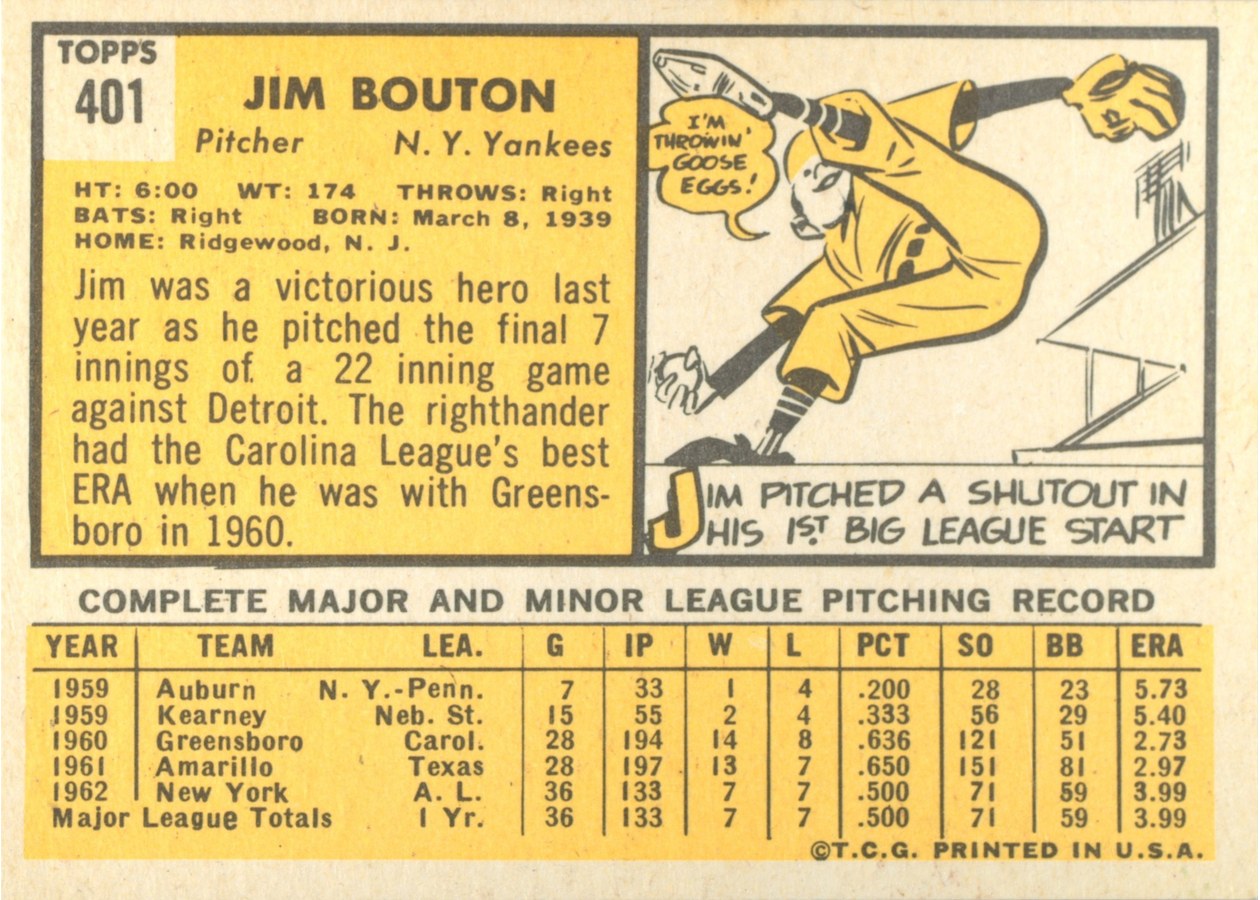 1963 Topps #401 Jim Bouton card back