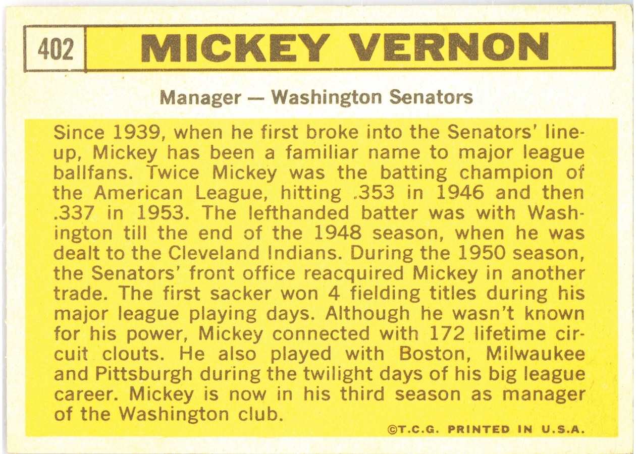 1963 Topps #402 Mickey Vernon card back