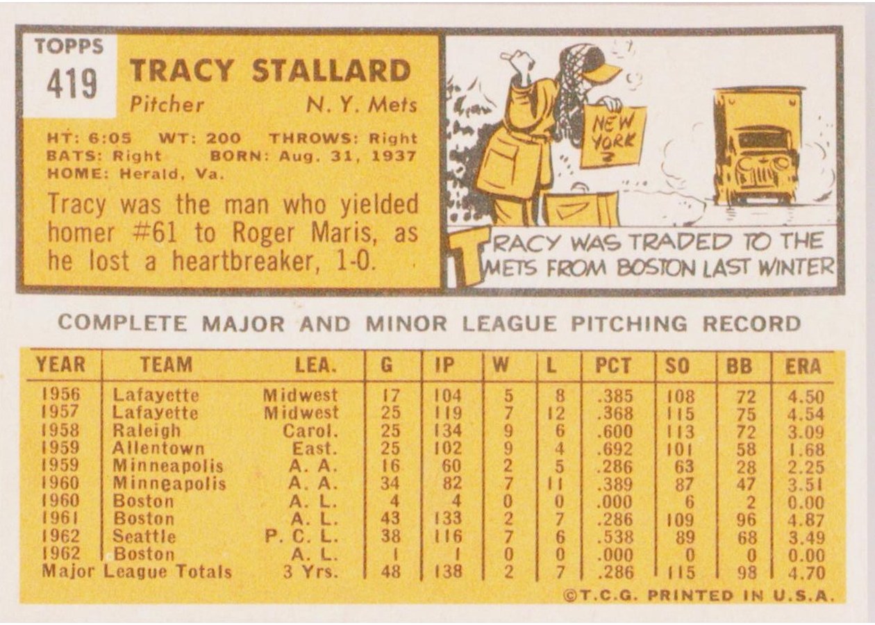 1963 Topps #419 Tracy Stallard card back