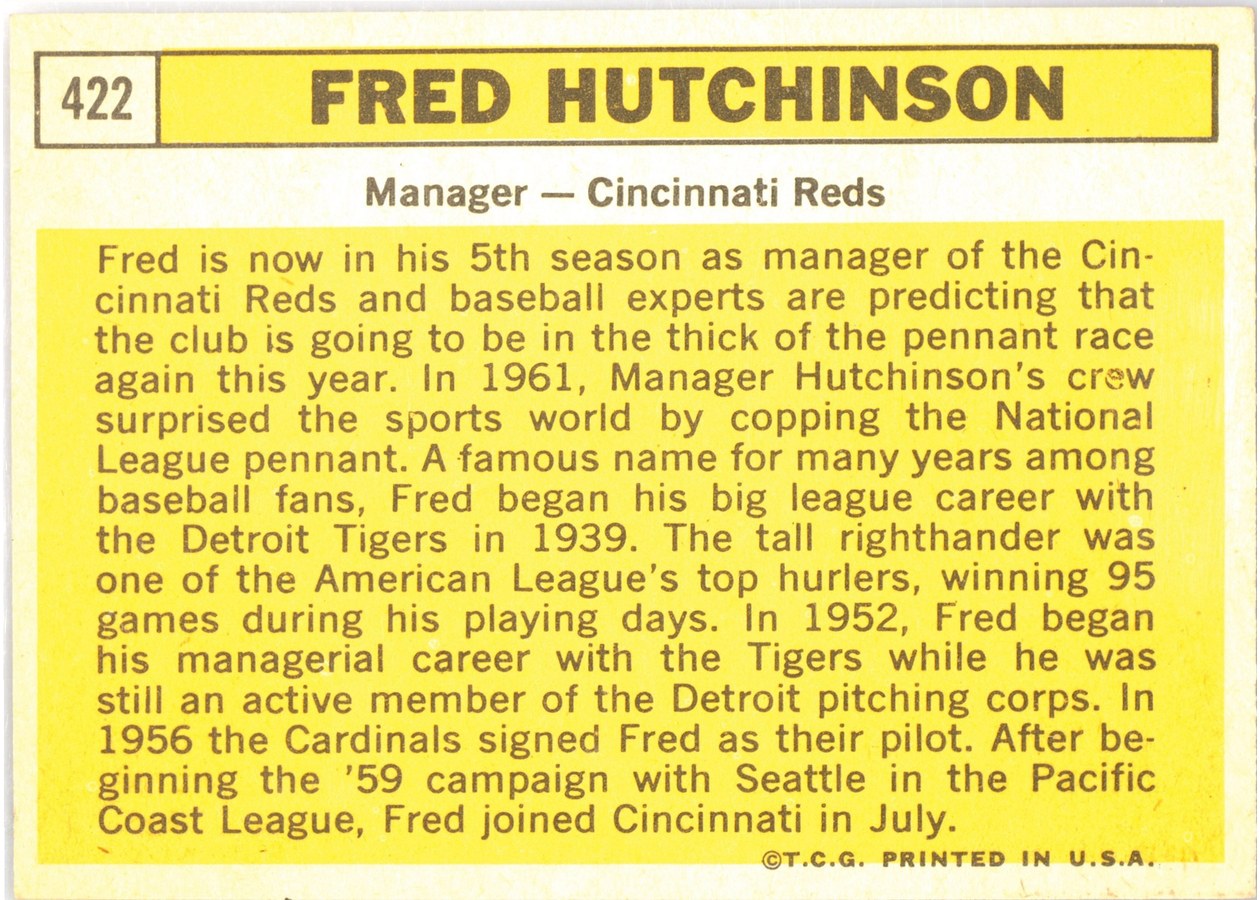 1963 Topps #422 Fred Hutchinson card back