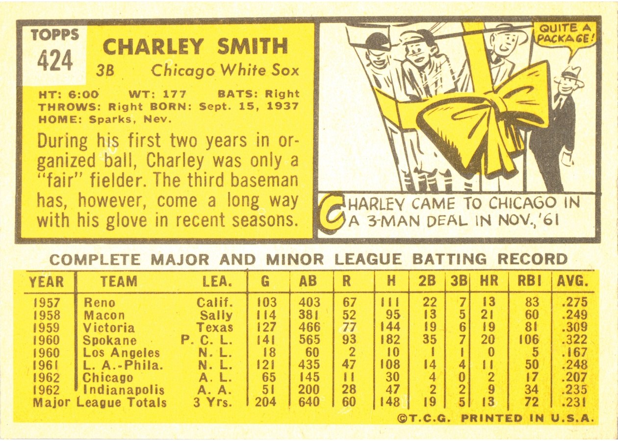 1963 Topps #424 Charley Smith card back