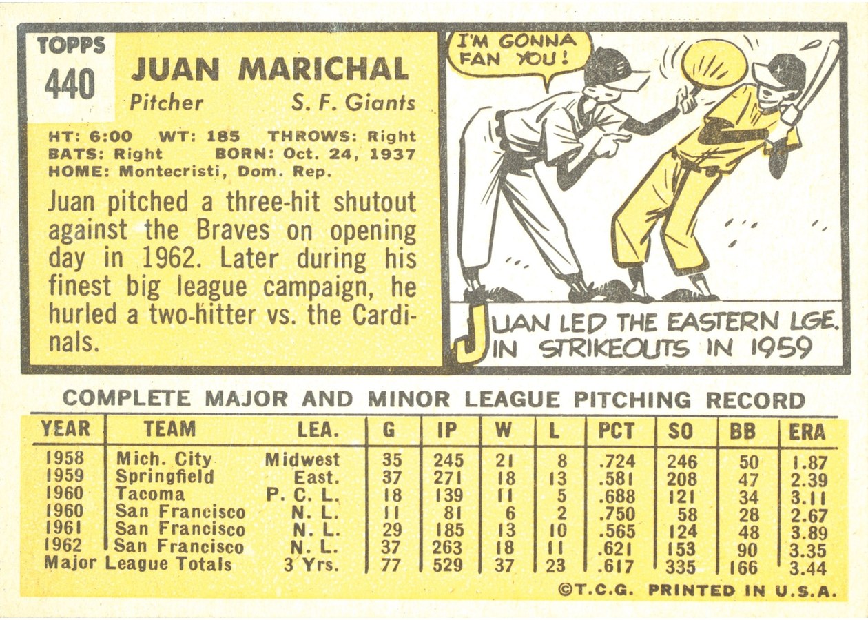 1963 Topps #440 Juan Marichal card back