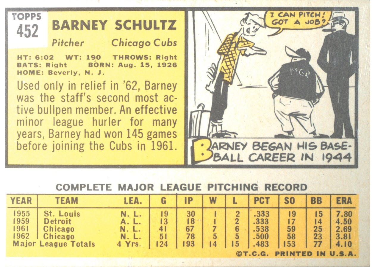 1963 Topps #452 Barney Schultz card back