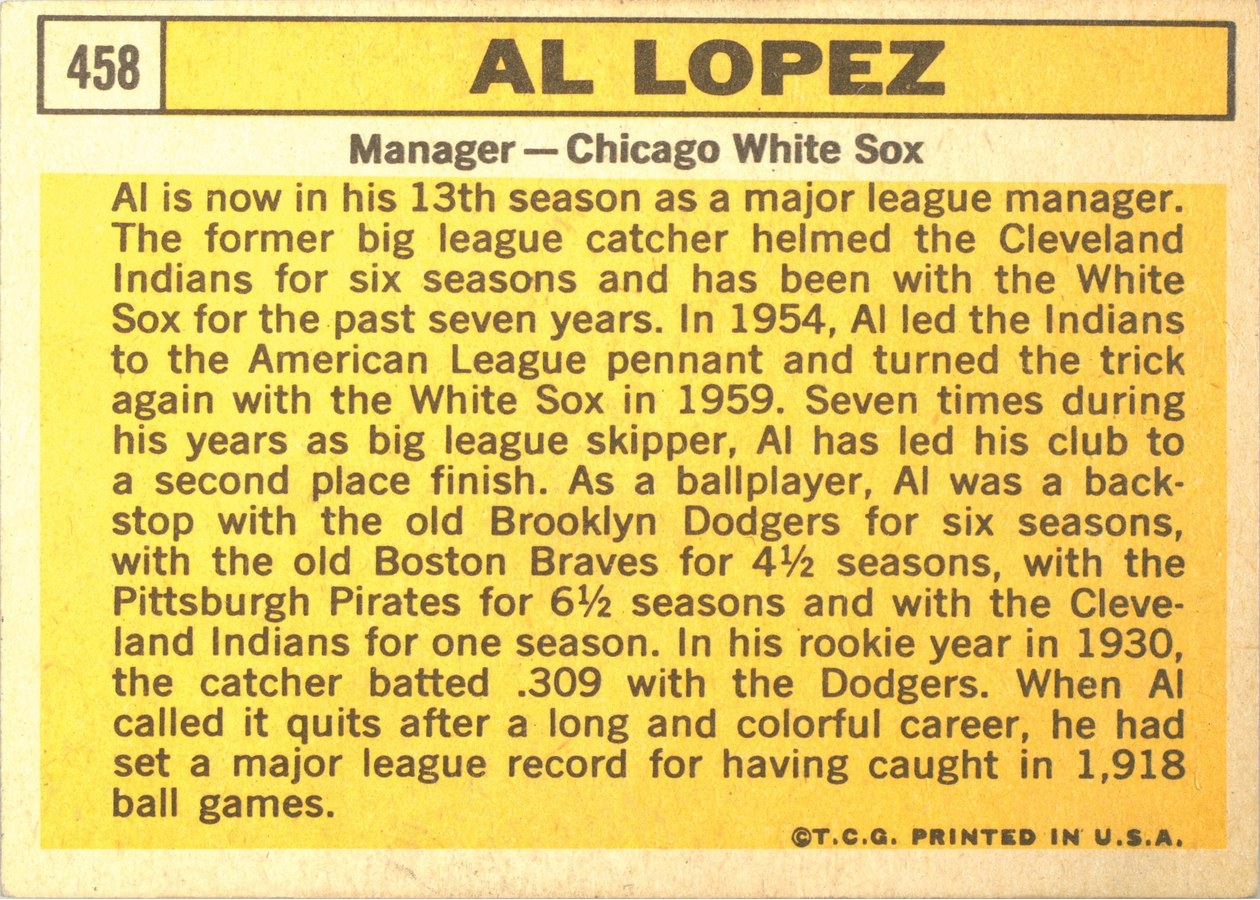 1963 Topps #458 Al Lopez card back