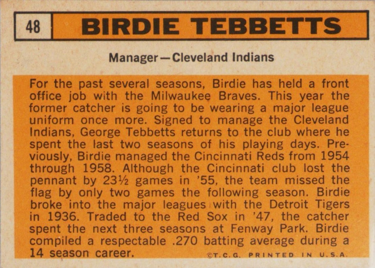 1963 Topps #48 Birdie Tebbetts card back